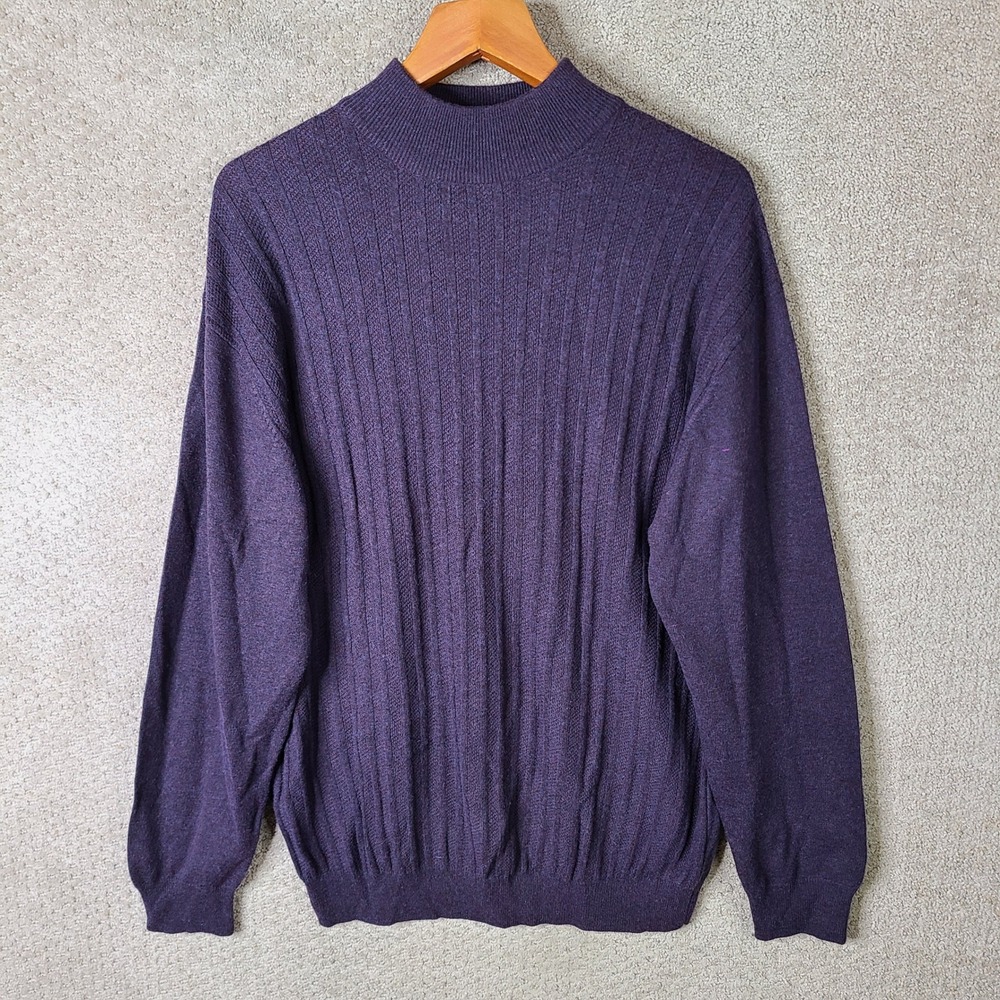 Vintage Visitor Sweater Mens XL Purple Ribbed Mock Neck Viscose Wool Blend Italy